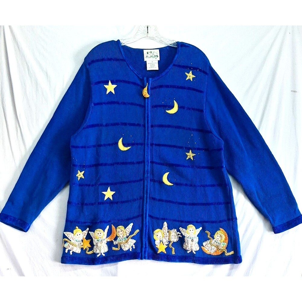 Quacker Factory Women 1X Blue Zip Up Sweater Beaded Sequin Angel Starry Sky